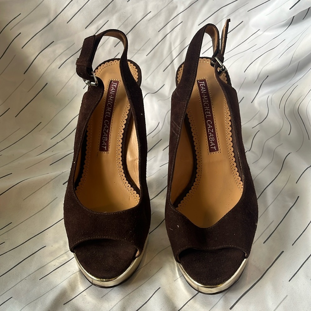 Jean-Michel Cazabat Marilyn brown gold platform sling back heel
